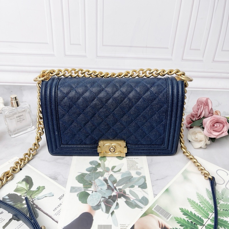 Chanel海軍藍中號leboy荔枝皮肩背斜背包25*15*9 98新配件塵袋保卡-1