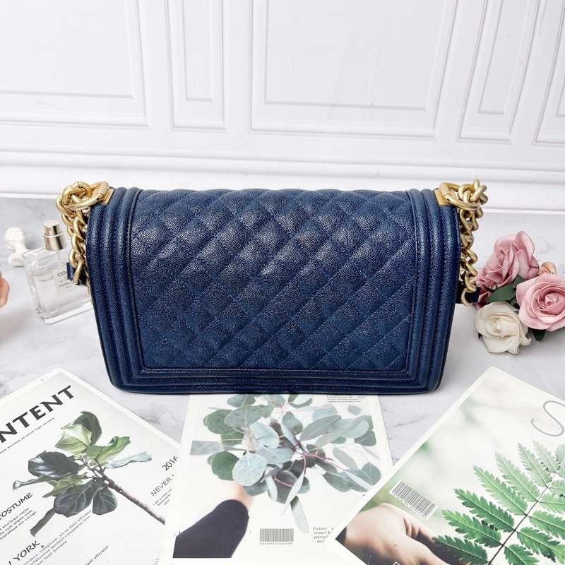 Chanel海軍藍中號leboy荔枝皮肩背斜背包25*15*9 98新配件塵袋保卡-6