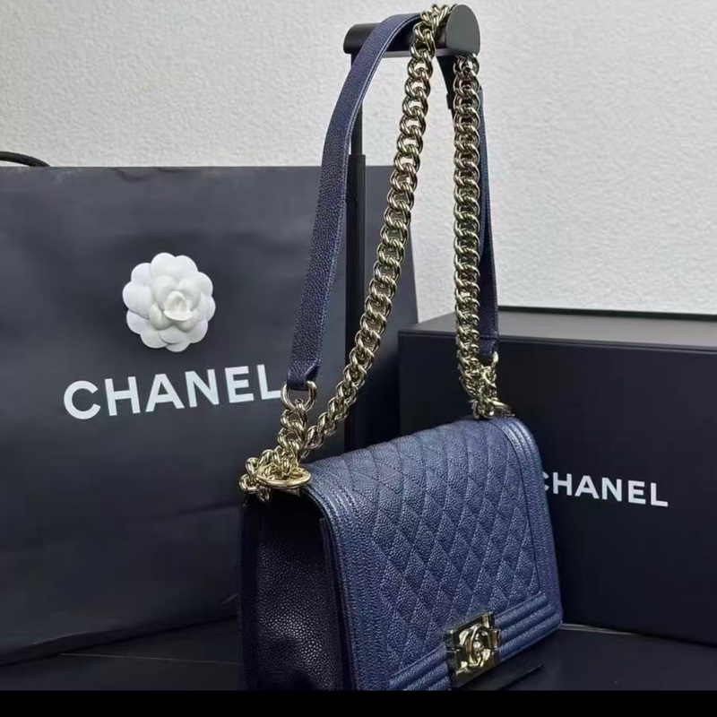 Chanel海軍藍中號leboy淡金扣荔枝皮肩背斜背包25*15*9 9新配件塵袋保卡-1