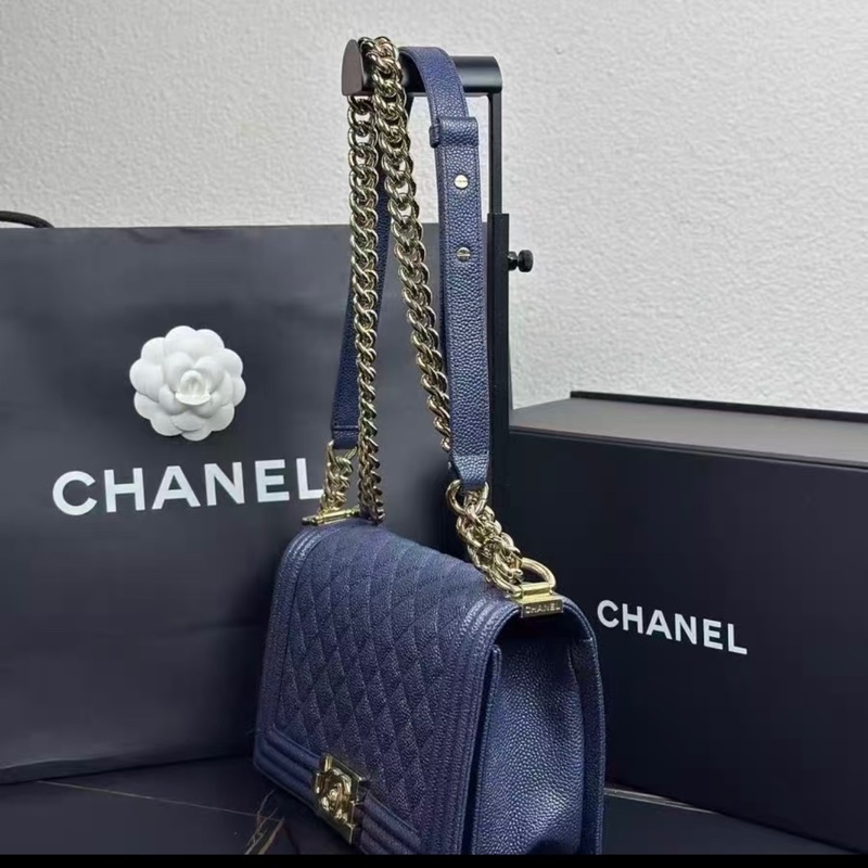 Chanel海軍藍中號leboy淡金扣荔枝皮肩背斜背包25*15*9 9新配件塵袋保卡-2