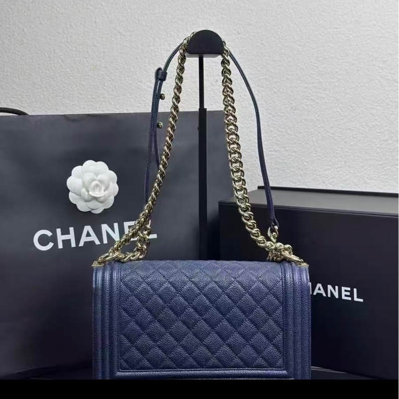 Chanel海軍藍中號leboy淡金扣荔枝皮肩背斜背包25*15*9 9新配件塵袋保卡-3