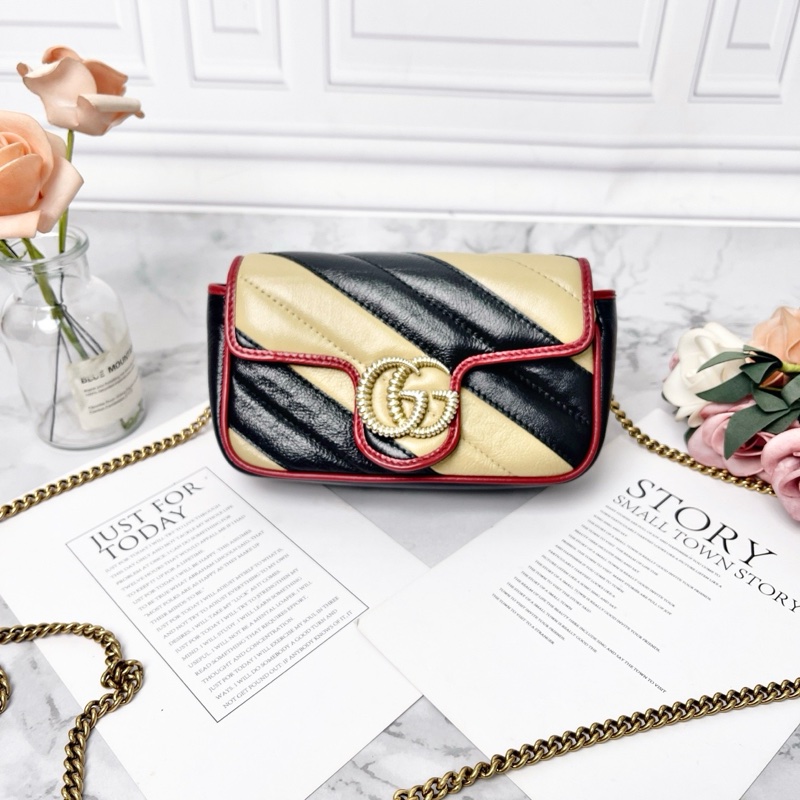 Gucci 奶茶拼黑色marmont super mini 雙G斜紋鍊條包17*10 98新配件塵袋-1