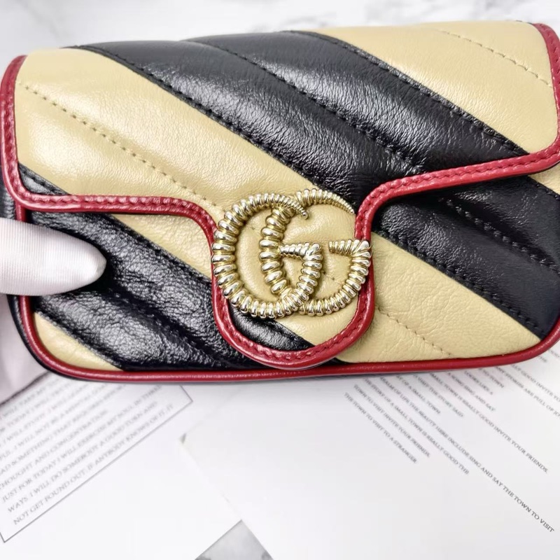 Gucci 奶茶拼黑色marmont super mini 雙G斜紋鍊條包17*10 98新配件塵袋-2