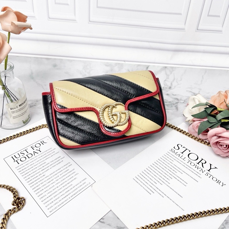 Gucci 奶茶拼黑色marmont super mini 雙G斜紋鍊條包17*10 98新配件塵袋-4