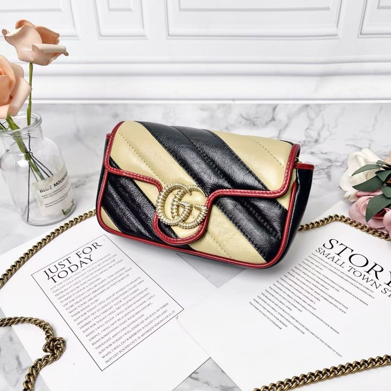 Gucci 奶茶拼黑色marmont super mini 雙G斜紋鍊條包17*10 98新配件塵袋-5