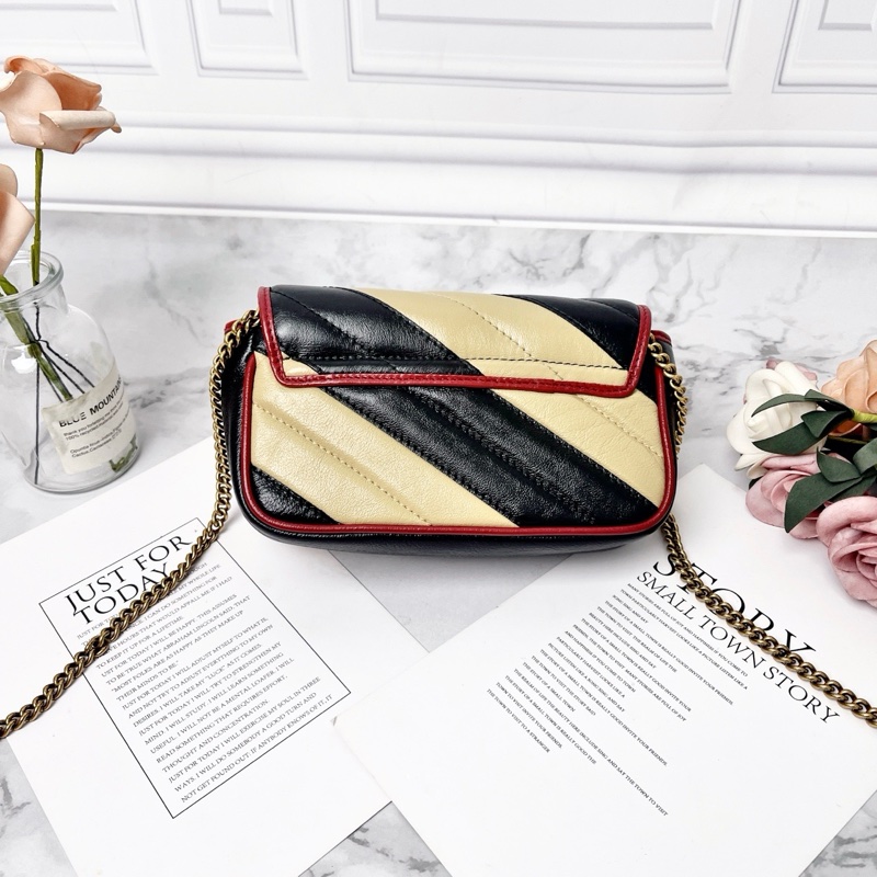 Gucci 奶茶拼黑色marmont super mini 雙G斜紋鍊條包17*10 98新配件塵袋-6