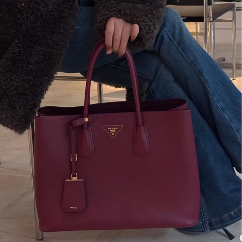 Prada Double Saffiano紅色托特包34×24×15cm 98新配件塵袋