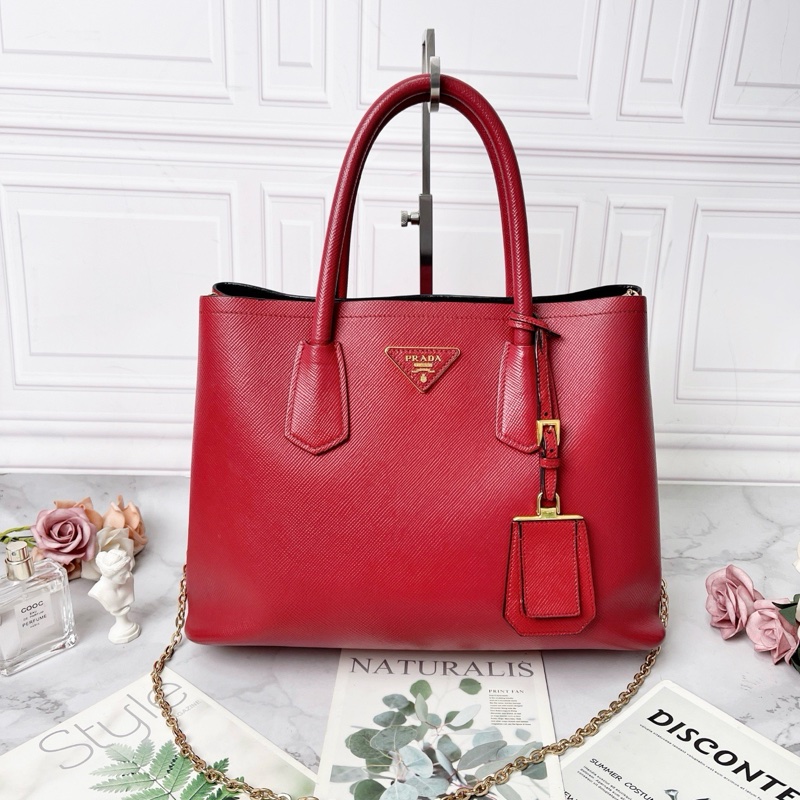 Prada Double Saffiano紅色托特包34×24×15cm 98新配件塵袋-1
