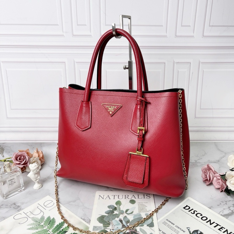 Prada Double Saffiano紅色托特包34×24×15cm 98新配件塵袋-5