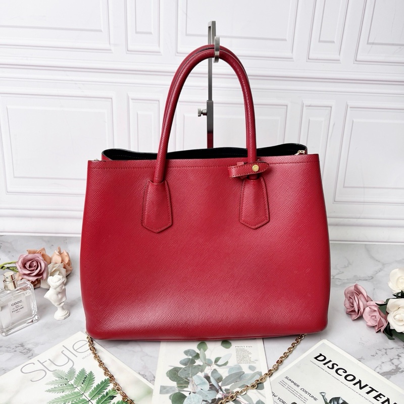 Prada Double Saffiano紅色托特包34×24×15cm 98新配件塵袋-6