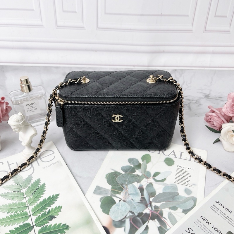 CHANEL 黑色金扣菱格鏈條肩帶牛皮荔枝紋盒子包化妝包肩背斜背包 17×8×9.5 98新配件塵袋保卡-1