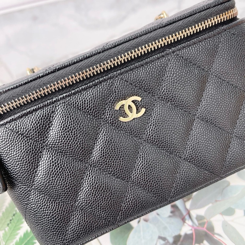 CHANEL 黑色金扣菱格鏈條肩帶牛皮荔枝紋盒子包化妝包肩背斜背包 17×8×9.5 98新配件塵袋保卡-2