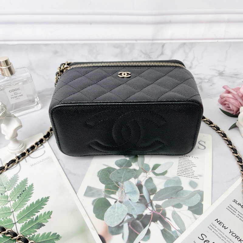 CHANEL 黑色金扣菱格鏈條肩帶牛皮荔枝紋盒子包化妝包肩背斜背包 17×8×9.5 98新配件塵袋保卡-5