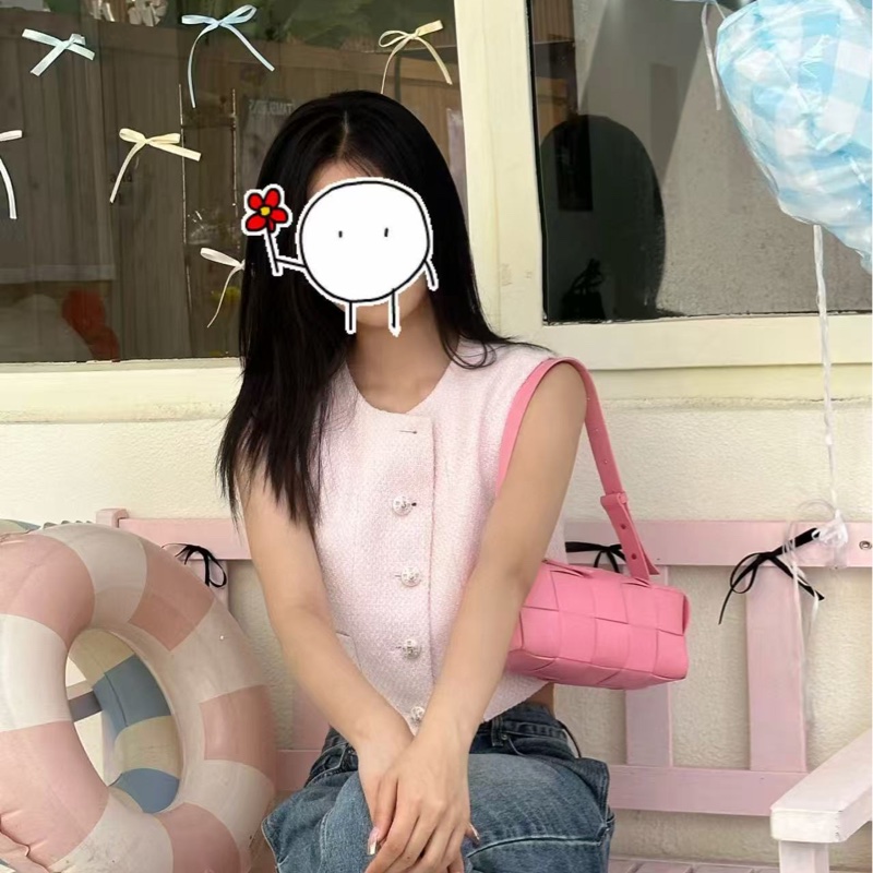 BV 限量櫻花粉色羊皮十格編織手提腋下包23.5×10×10 98新配件塵袋-0