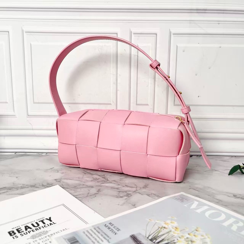 BV 限量櫻花粉色羊皮十格編織手提腋下包23.5×10×10 98新配件塵袋-5