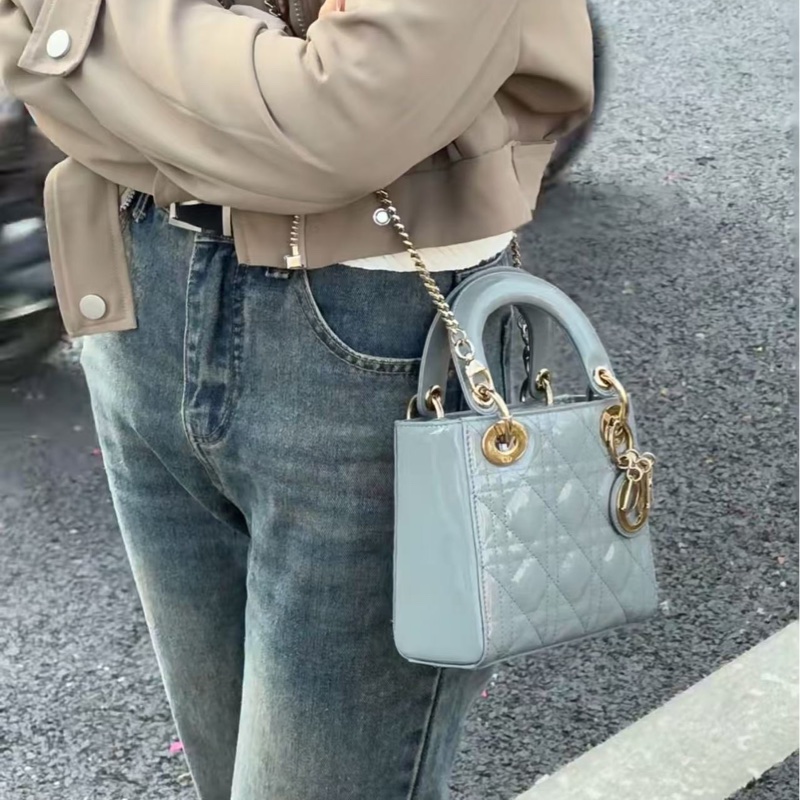 Dior 霧霾藍漆皮三格迷你lady dior黛妃包 17*15*7 98新配件塵袋保卡盒子購證-0