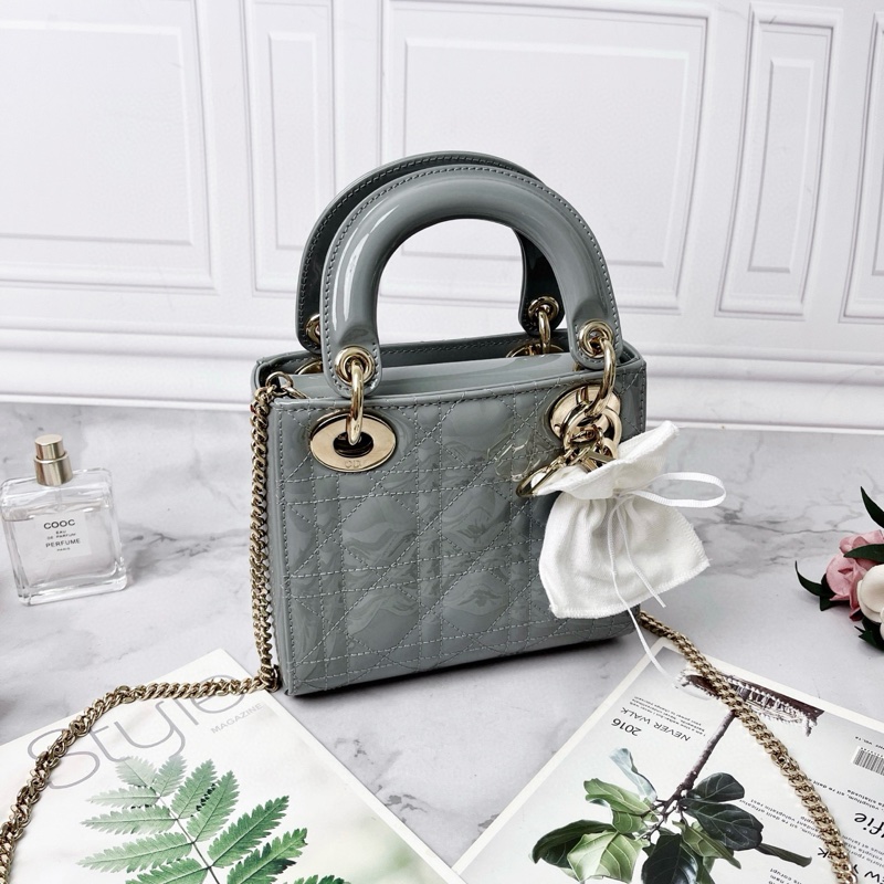Dior 霧霾藍漆皮三格迷你lady dior黛妃包 17*15*7 98新配件塵袋保卡盒子購證-1