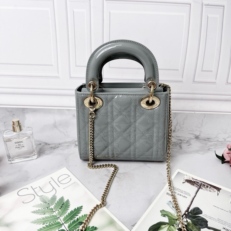 Dior 霧霾藍漆皮三格迷你lady dior黛妃包 17*15*7 98新配件塵袋保卡盒子購證-5