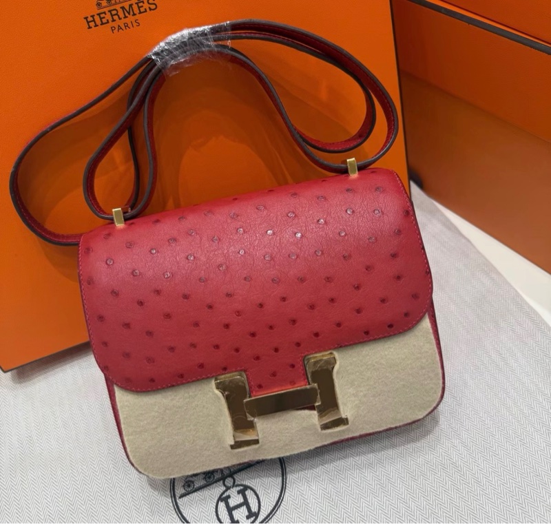 Hermes Mini Constance 康康19 鴕鳥皮 法拉利紅金扣-0