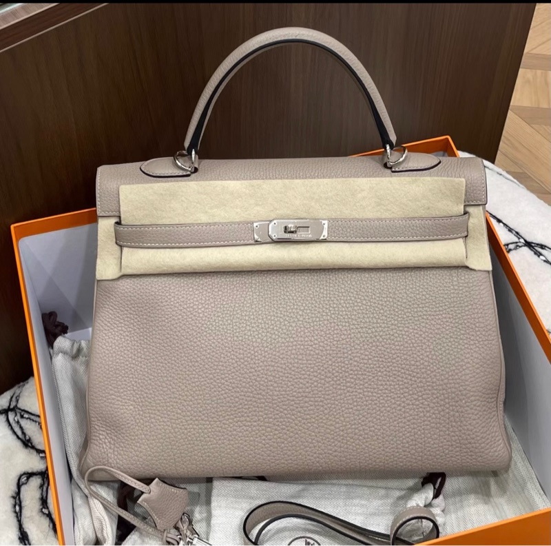 Hermes愛馬仕 斑鳩灰銀扣kelly 35手提單肩包-0