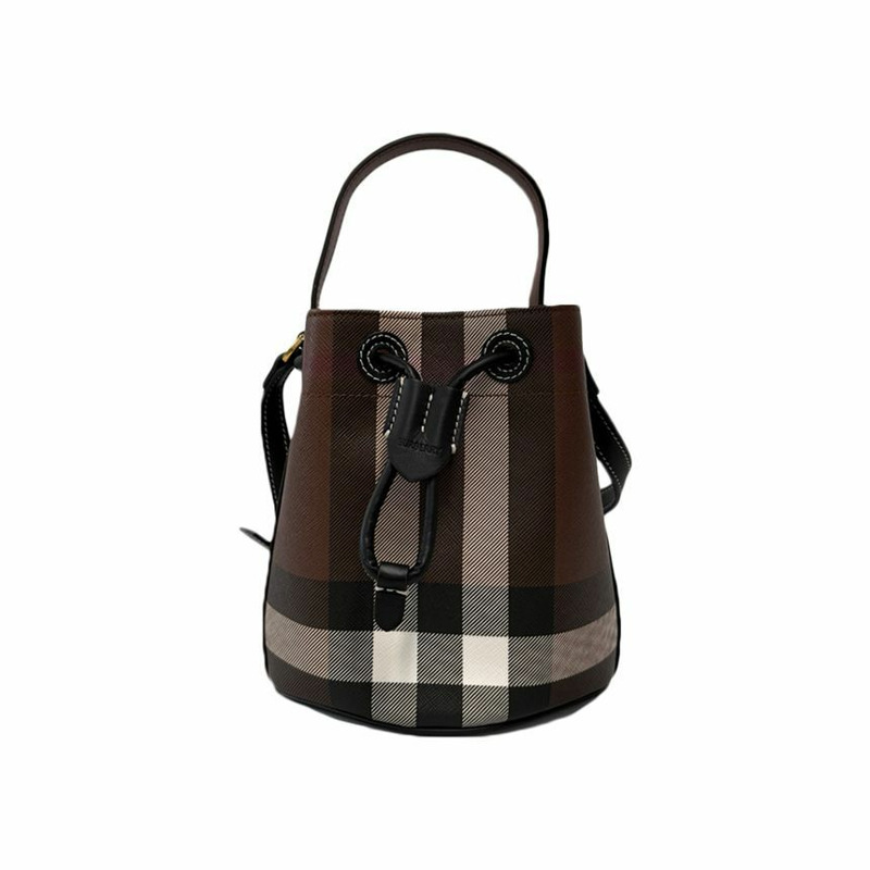 BURBERRY 巨型格紋抽繩迷你水桶包，深棕色，印章編號：8112238-0