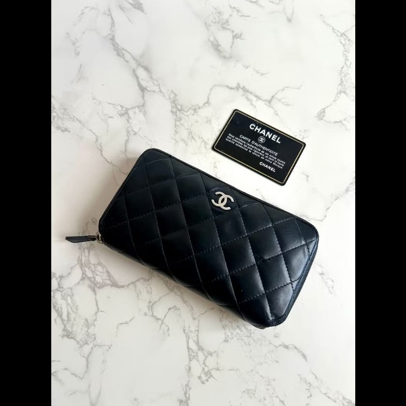 【LA LUNE】古董包 Chanel黑色銀扣皮革長夾 錢包 皮夾 中古包 二手包 銀包-0