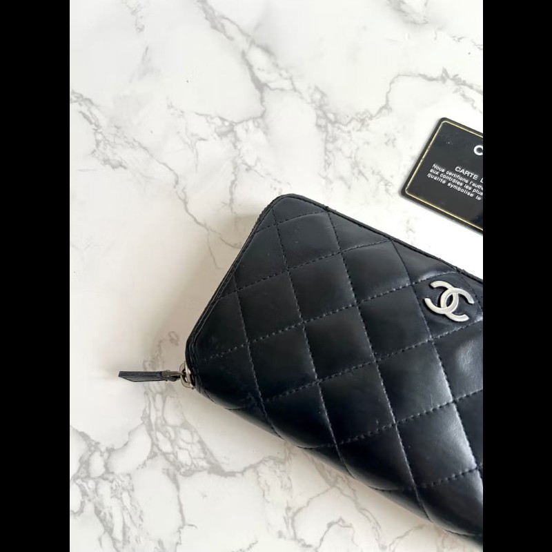 【LA LUNE】古董包 Chanel黑色銀扣皮革長夾 錢包 皮夾 中古包 二手包 銀包-1