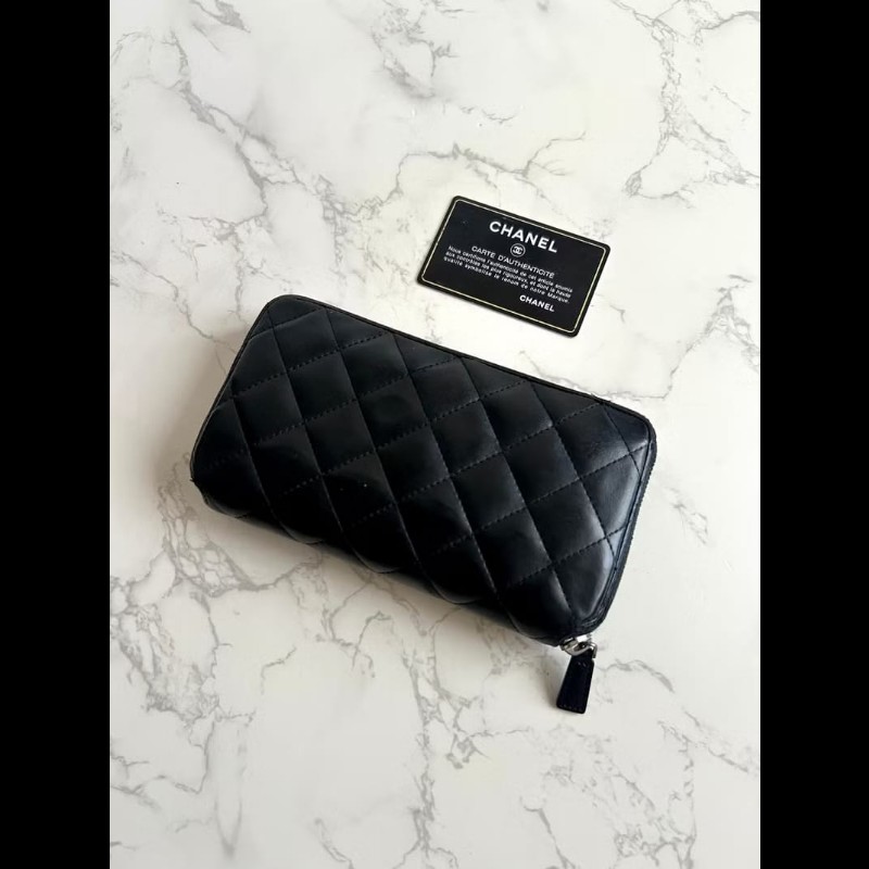 【LA LUNE】古董包 Chanel黑色銀扣皮革長夾 錢包 皮夾 中古包 二手包 銀包-3