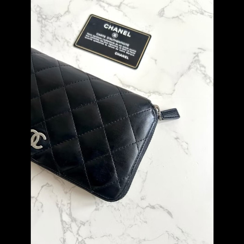 【LA LUNE】古董包 Chanel黑色銀扣皮革長夾 錢包 皮夾 中古包 二手包 銀包-4