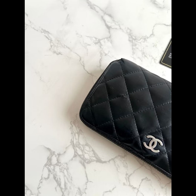 【LA LUNE】古董包 Chanel黑色銀扣皮革長夾 錢包 皮夾 中古包 二手包 銀包-5