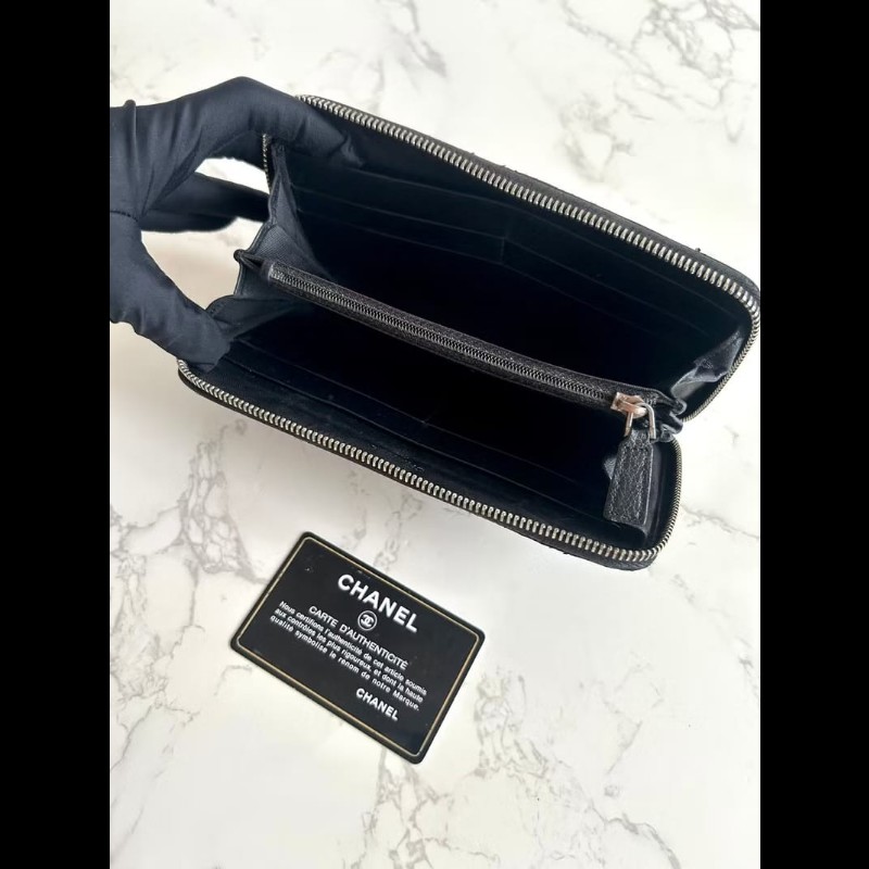 【LA LUNE】古董包 Chanel黑色銀扣皮革長夾 錢包 皮夾 中古包 二手包 銀包-7