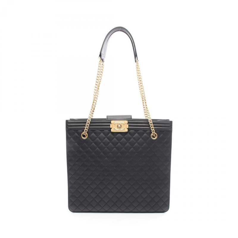 香奈兒 Boy Chanel 購物鏈肩背包，黑色皮革，金色五金，二手女款-0