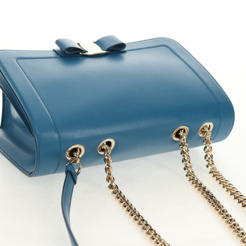 【日本直送】Salvatore Ferragamo Vala Chain Vala 肩背包 皮革 藍色 金色 正品 159137V-5