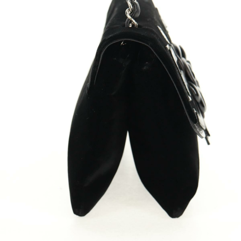 【日本直送】香奈兒山茶花5號鏈條肩背包,絲絨材質,黑色,銀色雙C標誌,正品編號159584V-3