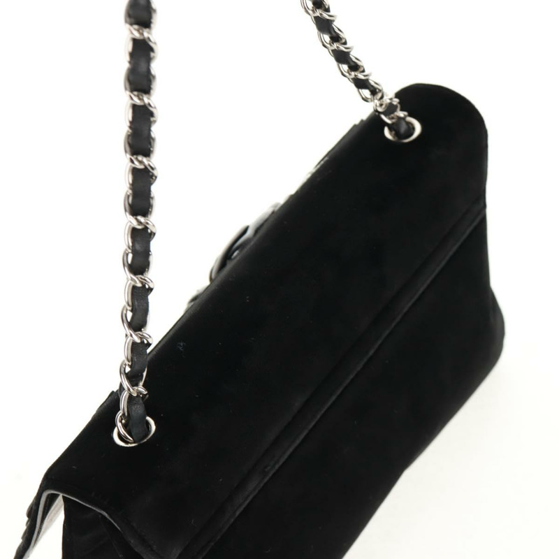 【日本直送】香奈兒山茶花5號鏈條肩背包,絲絨材質,黑色,銀色雙C標誌,正品編號159584V-5