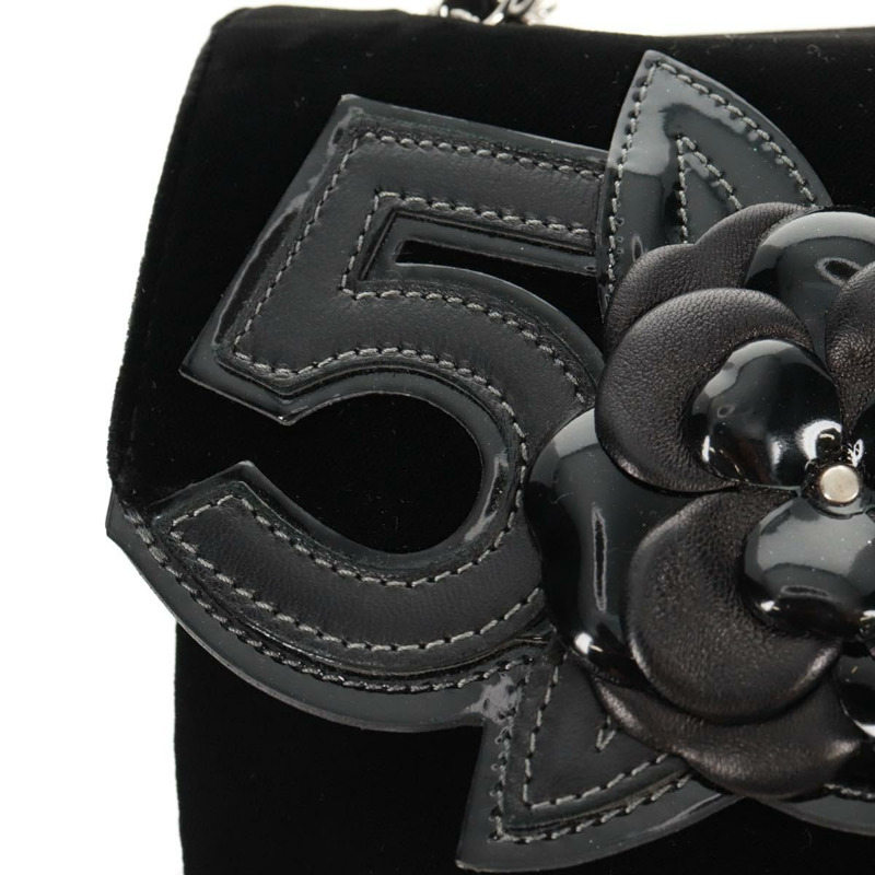 【日本直送】香奈兒山茶花5號鏈條肩背包,絲絨材質,黑色,銀色雙C標誌,正品編號159584V-7