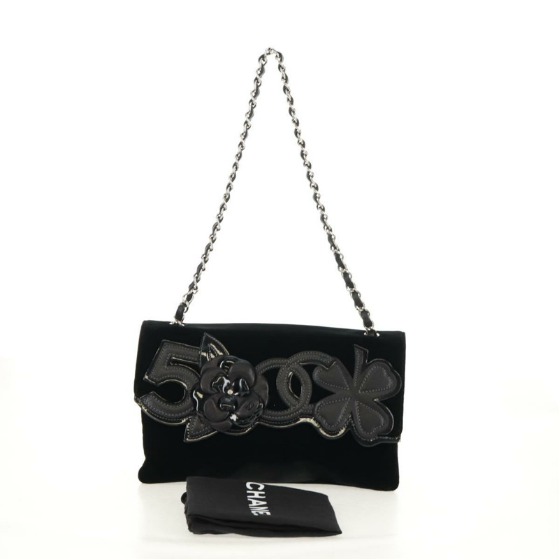【日本直送】香奈兒山茶花5號鏈條肩背包,絲絨材質,黑色,銀色雙C標誌,正品編號159584V-11