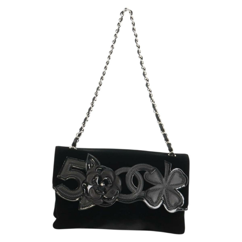 【日本直送】香奈兒山茶花5號鏈條肩背包,絲絨材質,黑色,銀色雙C標誌,正品編號159584V-12