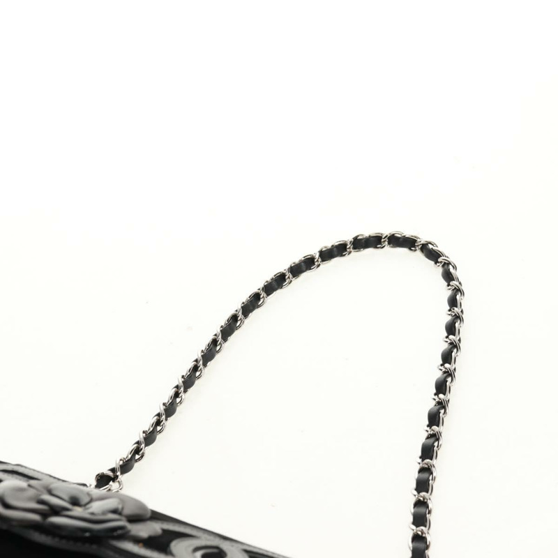 【日本直送】香奈兒山茶花5號鏈條肩背包,絲絨材質,黑色,銀色雙C標誌,正品編號159584V-13