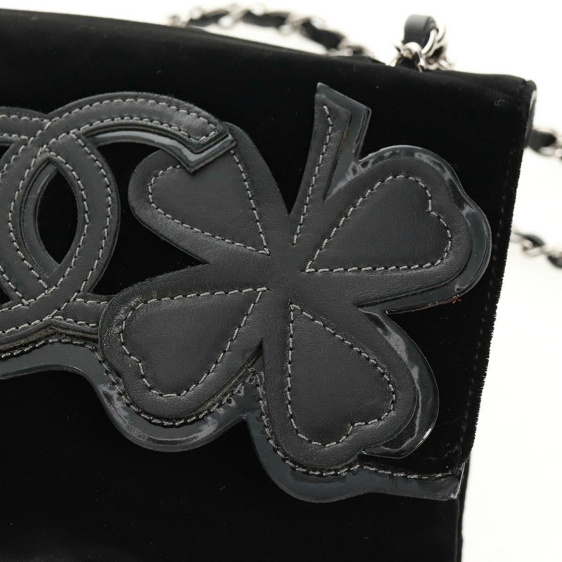 【日本直送】香奈兒山茶花5號鏈條肩背包,絲絨材質,黑色,銀色雙C標誌,正品編號159584V-19