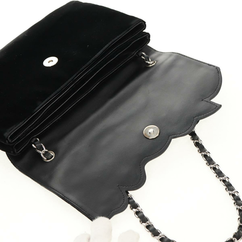 【日本直送】香奈兒山茶花5號鏈條肩背包,絲絨材質,黑色,銀色雙C標誌,正品編號159584V-21