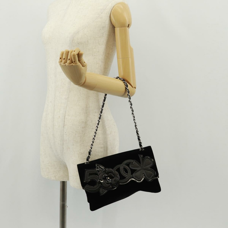 【日本直送】香奈兒山茶花5號鏈條肩背包,絲絨材質,黑色,銀色雙C標誌,正品編號159584V-26