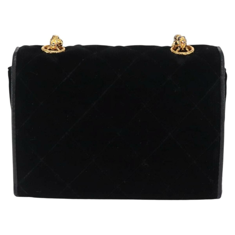 【日本直送】香奈兒 (CHANEL) 絎縫鏈條山茶花單背包 絲絨 黑色 金色 CC 標誌 Auth 158865V-1