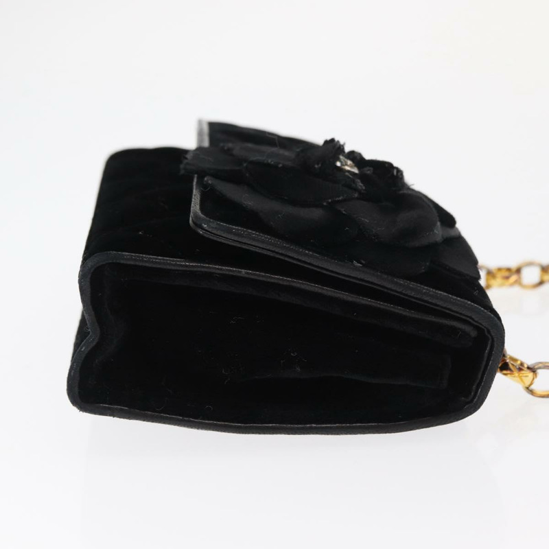 【日本直送】香奈兒 (CHANEL) 絎縫鏈條山茶花單背包 絲絨 黑色 金色 CC 標誌 Auth 158865V-2