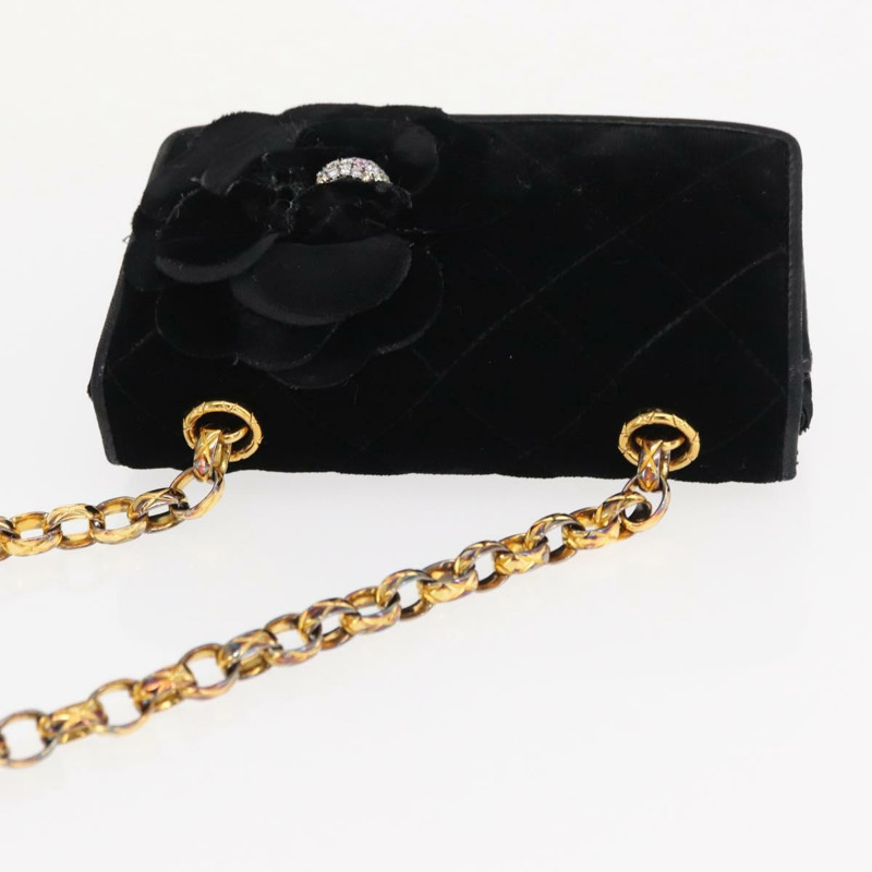 【日本直送】香奈兒 (CHANEL) 絎縫鏈條山茶花單背包 絲絨 黑色 金色 CC 標誌 Auth 158865V-5