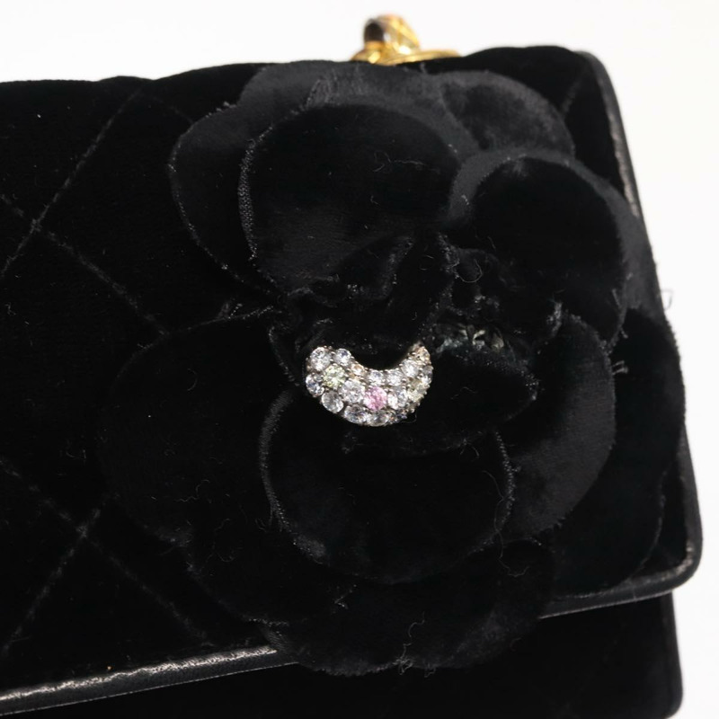 【日本直送】香奈兒 (CHANEL) 絎縫鏈條山茶花單背包 絲絨 黑色 金色 CC 標誌 Auth 158865V-18