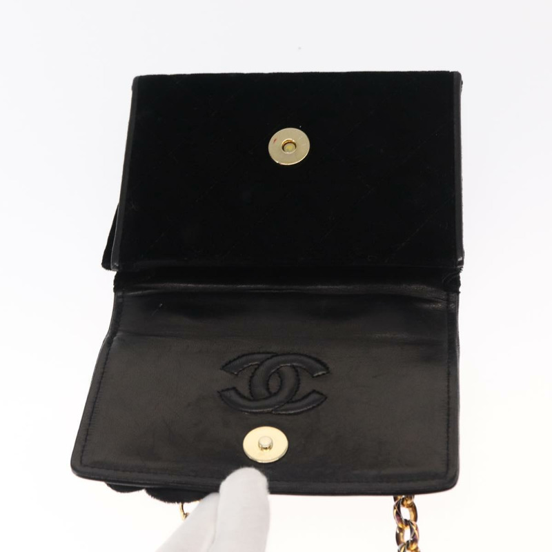 【日本直送】香奈兒 (CHANEL) 絎縫鏈條山茶花單背包 絲絨 黑色 金色 CC 標誌 Auth 158865V-19