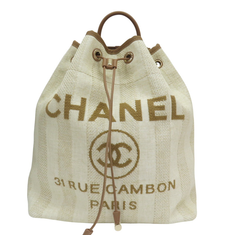 米色 帆布 Deauville 抽繩 後背包【CHANEL 香奈兒】 A93787-0