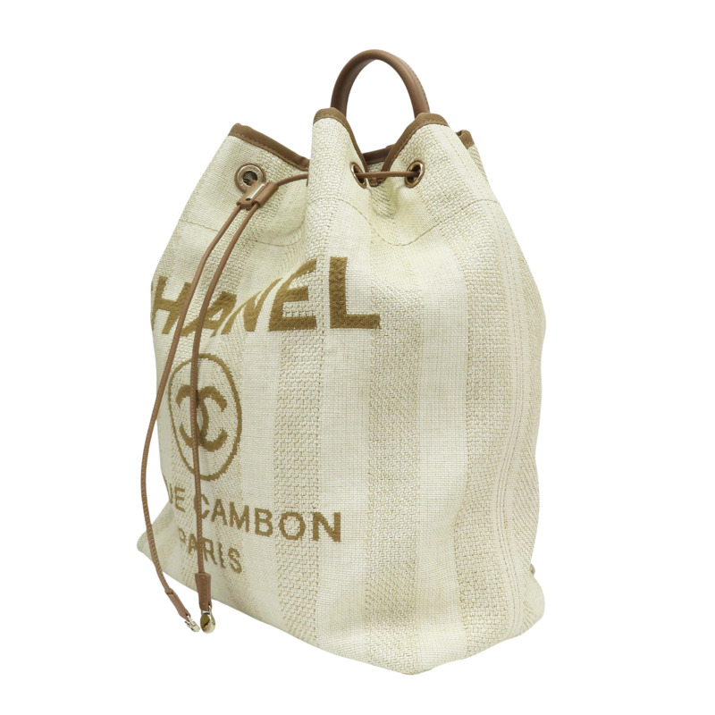 米色 帆布 Deauville 抽繩 後背包【CHANEL 香奈兒】 A93787-2