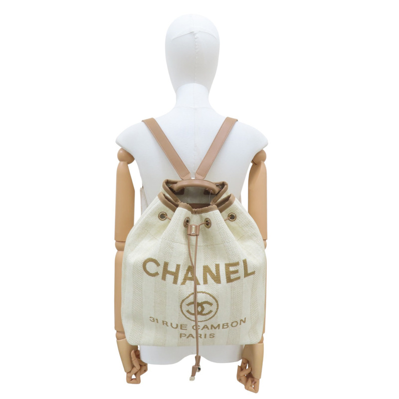 米色 帆布 Deauville 抽繩 後背包【CHANEL 香奈兒】 A93787-9